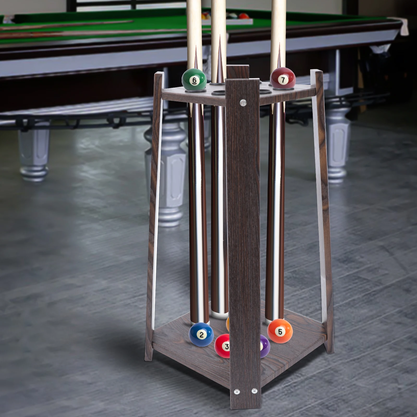 10-Hole Wooden Billiard Cue Rack - Floor Standing Pool Stick Holder For Cues, Fishing Rods & Golf Clubs