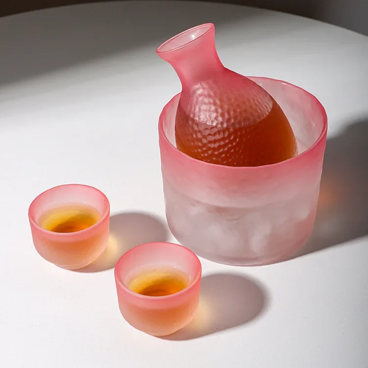 Japanese Glass Bar Sets Sake Pot Frosted Pink Wine Dispenser Chinese Baijiu Soju Shot Glass Flask Barware Kitchen Accessories