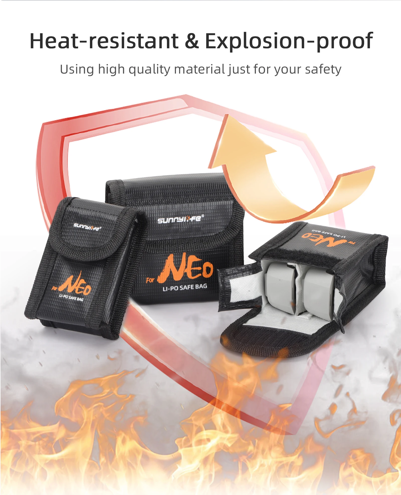 Sac antidéflagrant Sunnylife NE-DC848/849/850 avec batterie DJI NEO insérée, vue détaillée.