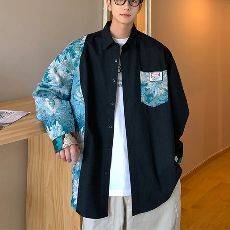 

NoEstaMal Vintage Patchwork Oil Painting Graphic Men's Shirts Harajuku Oversized Casual Shirts Plaid All-match Long Sleeve Tops