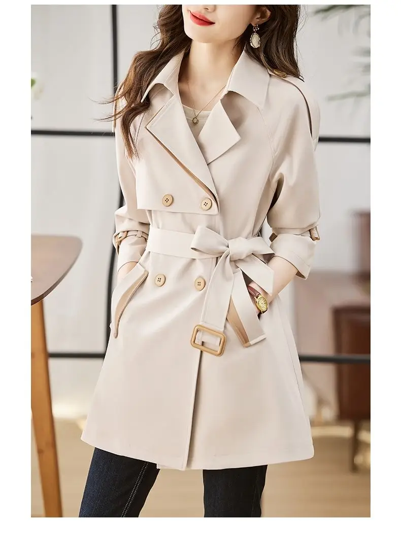 Solid Mid length Trench for Women Fall Winter 2023 New Vintage Turn Down Collar Long Sleeve Jacket Loose Double Breasted Coat