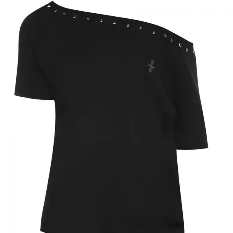 Seeslim Black Off Shoulder Cross Women's Vintage Chic T-shirt