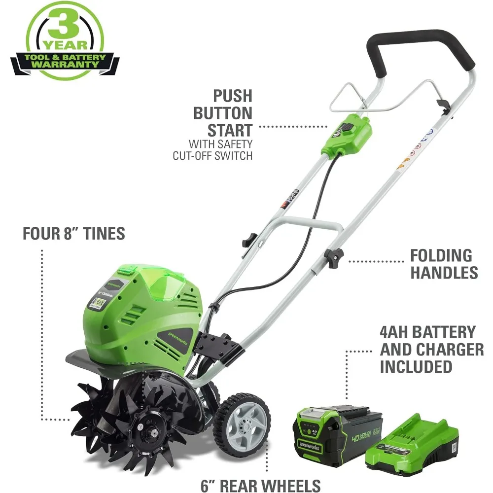 40V 10" Cordless Tiller / Cultivator, 4.0Ah Battery and Charger Included