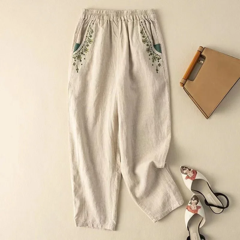 

Cotton and linen retro embroidered radish pants female new fashion elegant high waist loose casual nine-point harem LJ180