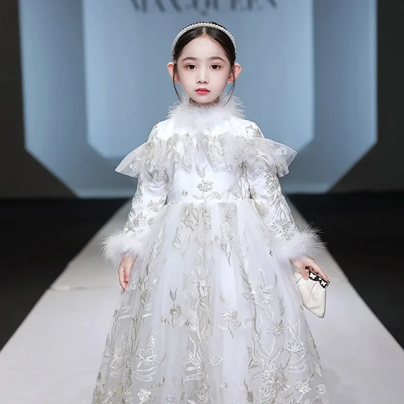 

2024 Spring New Flower Girl White Fashionable Princess Dress Fluffy Gauze Girl's Birthday Dress Host Performance Dress