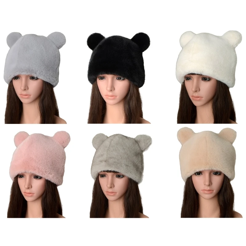 Bear Ear Bucket Hat for Women Soft Thick Plush Hat Girls Solid Color Fisherman Cap Fashion Female Winter Autumn Headwear