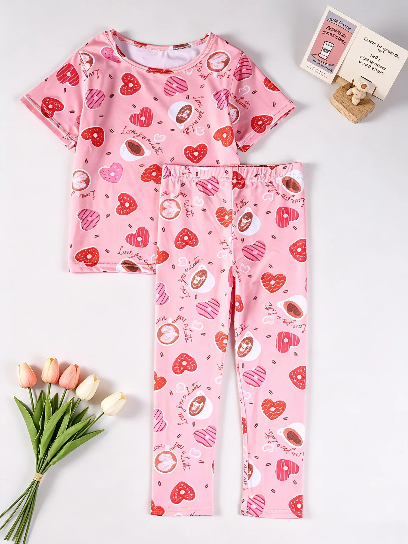 2Pcs 소녀 여름 커피와 하트 패턴 반팔 바지 투피스 소녀 부드럽고 편안한 얇..