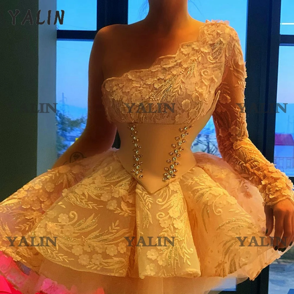 Yalin Formele Een Mouwen Cocktail Party Jurken Korte Kant Applique Corset Kristallen Prom Dress Backless A-lijn Graduation Gowns