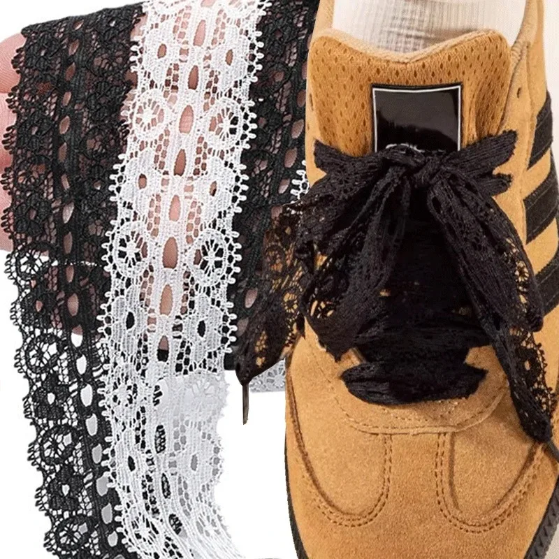 Fancy Lace Shoelaces for Women Casual Shoes 3CM Width Flat Shoelace for Sneakers Black White Shoe Laces Accessorices