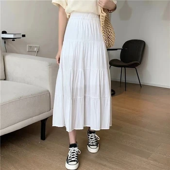 Spring Summer Women Skirts Vintage High Waist Elastic Patchwork White Black Chic Long Cake A-line Skirt 1