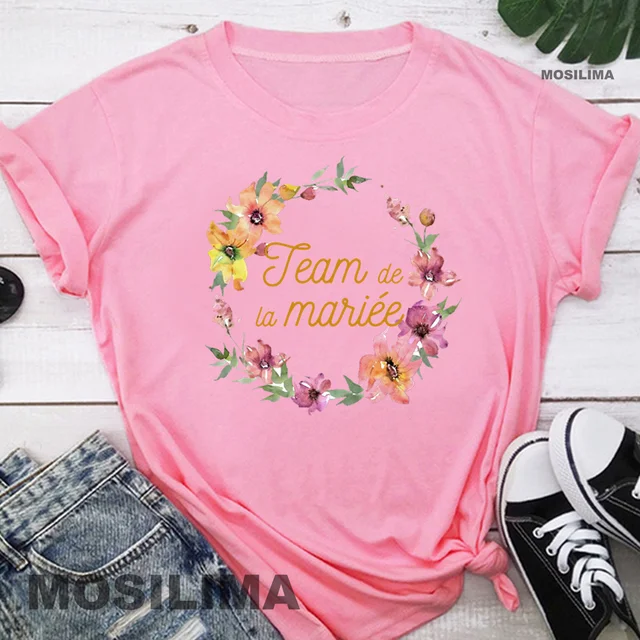 Team Bride Bachelorette Wedding Party Women Evjf Tee Shirt Casual ladies basic O-collar Pink Short Sleeved T-shirt Girl Pink2