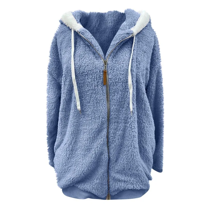Women's Jacket 2023 New Spring Autumn Winter Warm Plush Pocket Loose Plush Zipper Hooded Street Wear Loose Women's Jacket