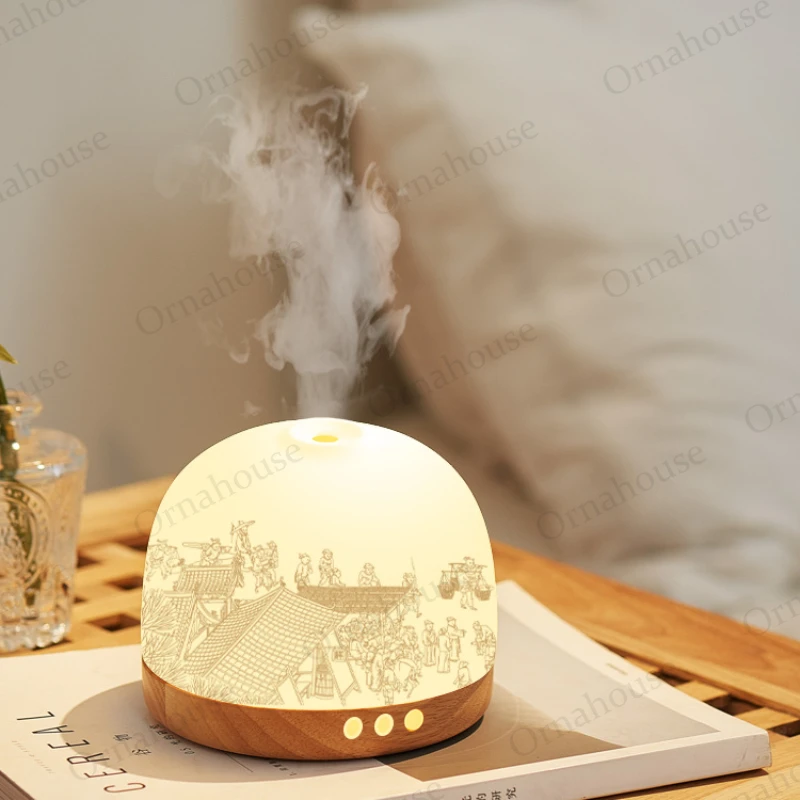 

Ceramic Solid Wood Aromatherapy Humidifier 300ML Capacity Qingming Shanghe Tu Night Light Ultrasonic Incense Expansion Diffuser