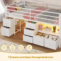 Low Loft Bed Twin Size with 7 Storage Drawers, Bookcase and LED Lights, Metal Kids Loft Bed with 14" H Safety Guardrail 5