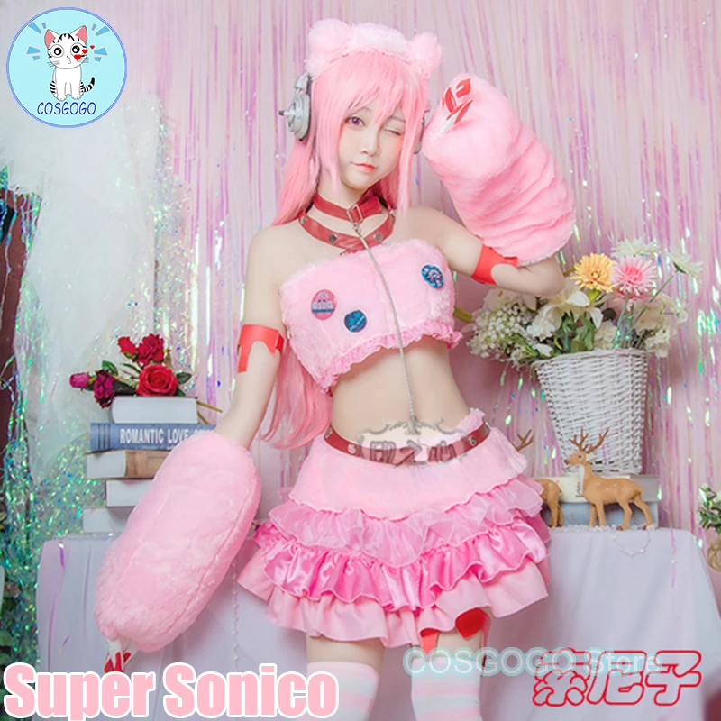 

COSGOGO Anime Super Sonico Cosplay Pink Cute Lolita Dress Uniform Cosplay Costumes Halloween Suit For Women Outfit New 2020