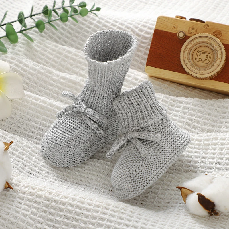 Infant Baby Shoes Knit Cotton Boys Girl Boots Fashion Tie Solid Newborn Walk Bed Footwear Toddler Kid Clothing Accessories 0-18M Casual Shoes