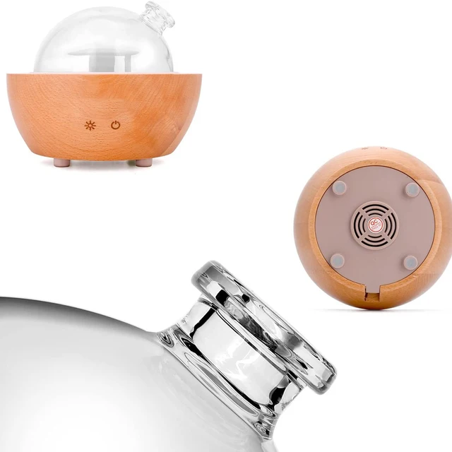 Glass Essential Oil Diffuser with Real Wood Base, 200ml Ultrasonic Aromatherapy Diffuser, Glass Dome Humidifier, LED Light Avail 6