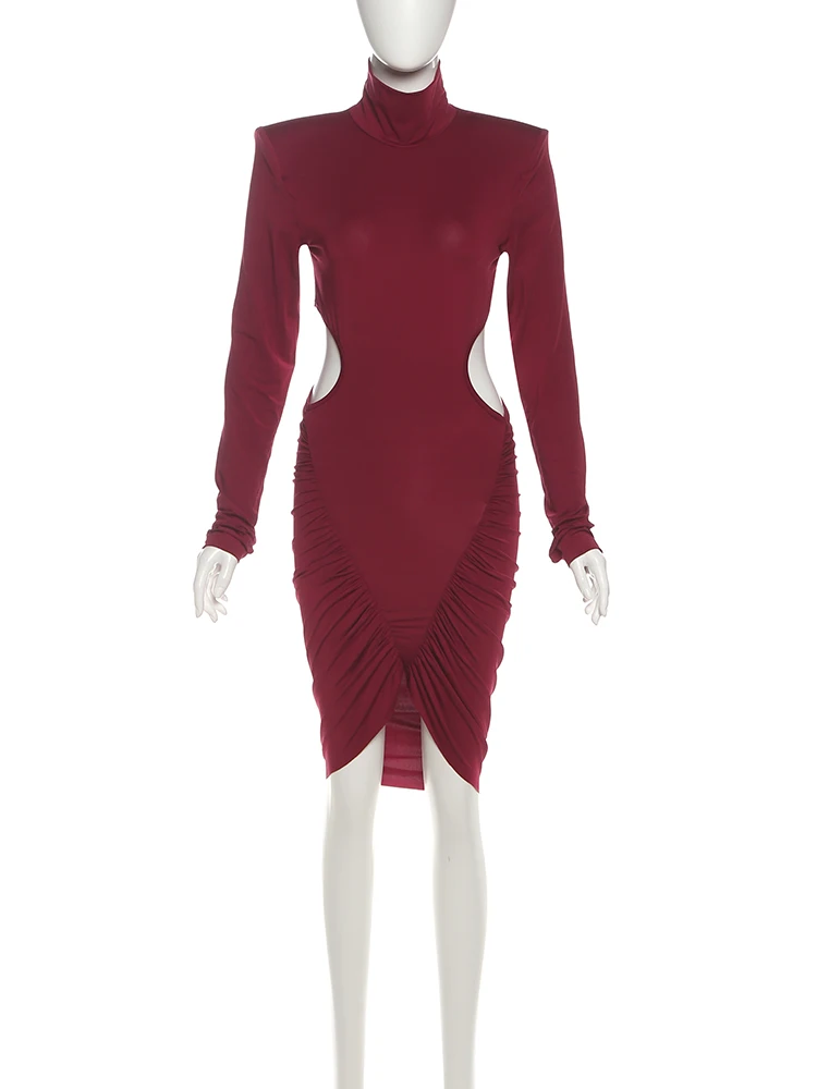 Nibber Hollow Dress Women Turtleneck Ruched Patchwork Full Sleeve Irregular Hem Skinny Stretch Party Club Elegant Mini Bodycon