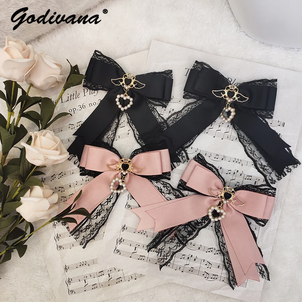 Japanese Style Mass Production Sweet Elegant Lovely Pearl Pendant Rhinestone Lace Bow Side Clip Lolita Hair Clips for Women lovely children ribbed knitted headband with letter rhinestone kids girls boys flat hairband elastic head wrap hair accessories