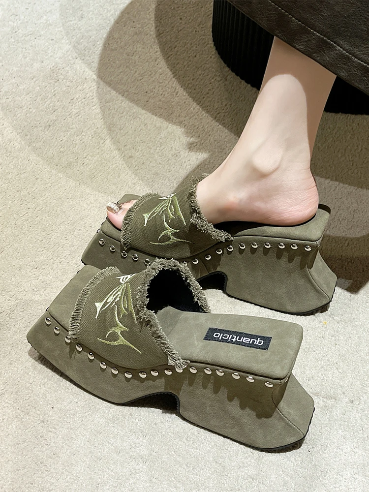 Retro High Heel Thi Bot Sandals Women's Outdoor Slippers Square Head Rivet Open Toe One-Strap Sexy Girl Summer oes