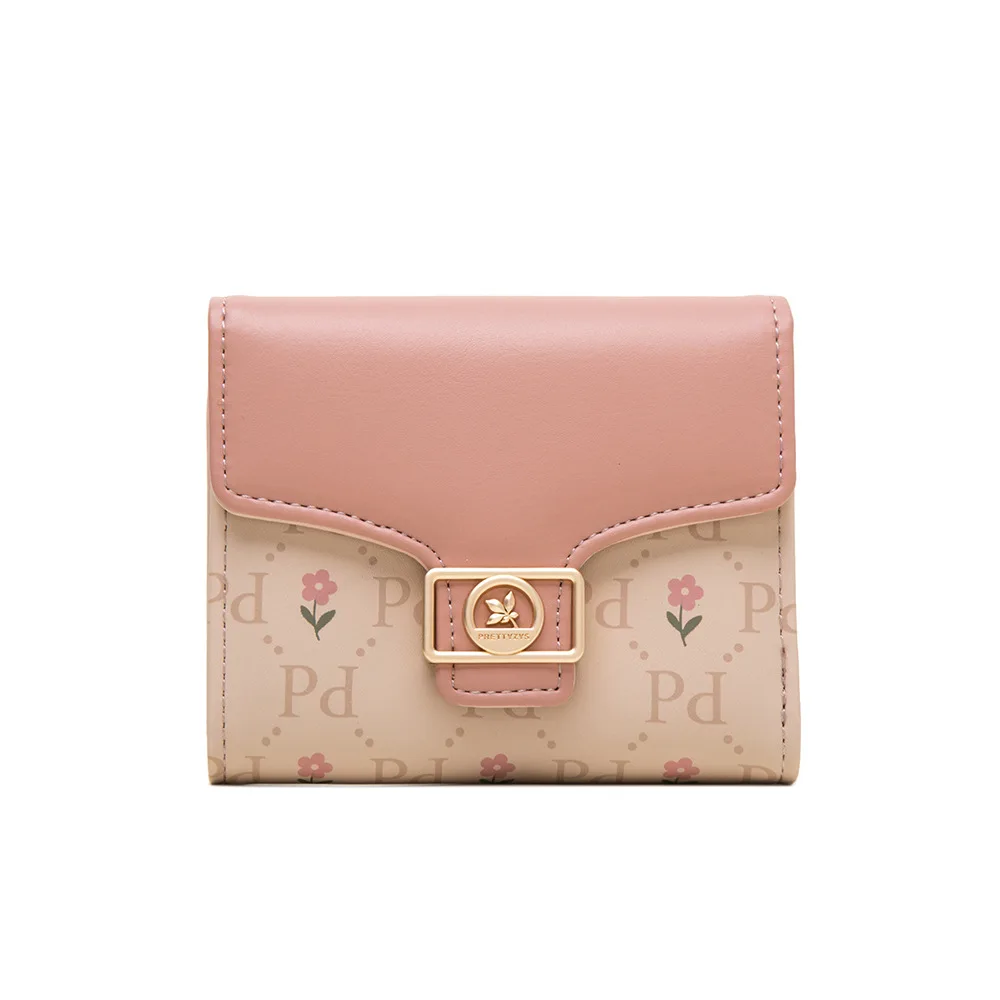 Cartera corta para mujer, bolso de tres pliegues con estampado de PU coreano, hebilla multifuncional de flores, plegable y expandible, primavera y verano, 2024