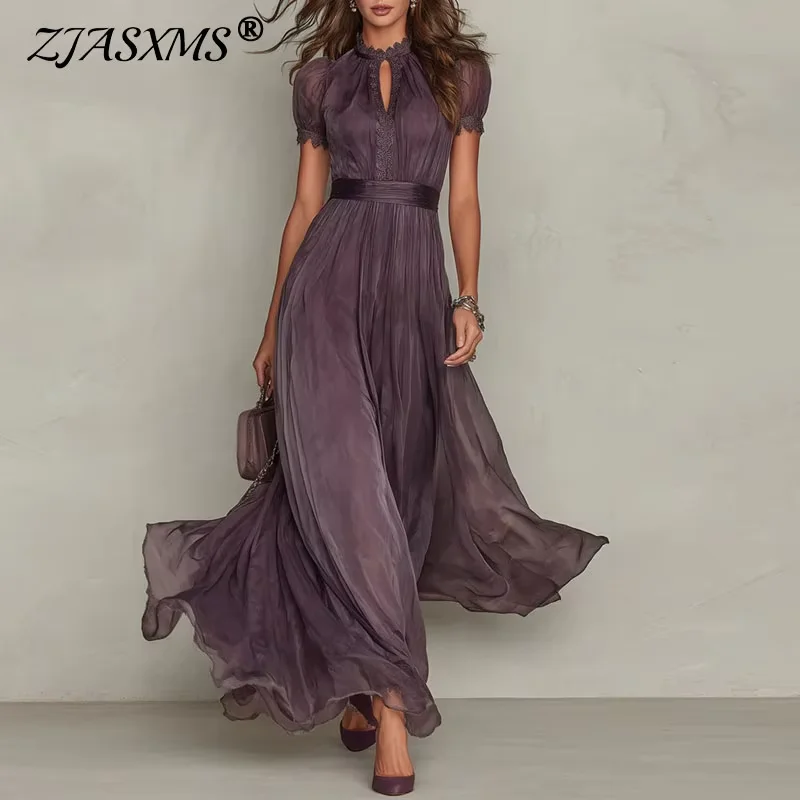 Spring Vintage Solid Lace A-Line Long Dress Women's O Neck High Waist Pleated Party Dress Summer Short Sleeve Flowy Maxi Dresses 1