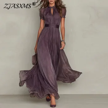 Spring Vintage Solid Lace A-Line Long Dress Women's O Neck High Waist Pleated Party Dress Summer Short Sleeve Flowy Maxi Dresses 1