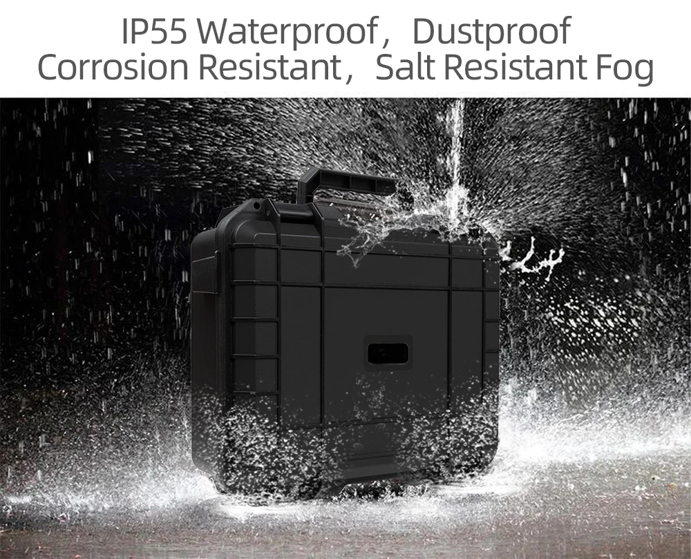 Coque rigide étanche et antichoc pour DJI Avata 2, posée sur une surface plane, avec fermetures à loquets métalliques et joint d'étanchéité.