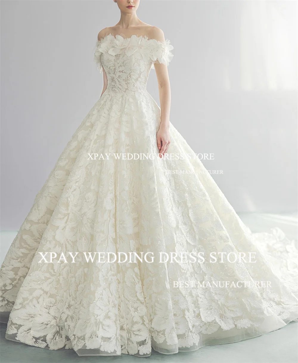 XPAY Luxury Off The Shoulder Korea Ball Gown 3D Flowers Lace Appliques Wedding Dresses Photography Shoot Elegant Bride Gown 2