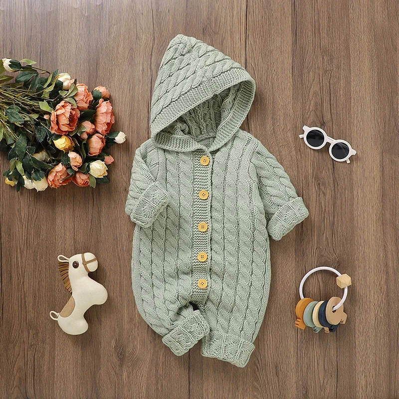 

Baby Rompers Knitted Infant Children Clothing 0-18M Fashion Solid Hodded Newborn Girls Boys Jumpsuit Long Sleeve Autumn Overalls