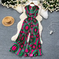 Summer Elegant Women Abstract Print Jumpsuit Chic Streetwear Wide Leg Romper Mujer V Neck Bodycon Sleeveless High Jumps