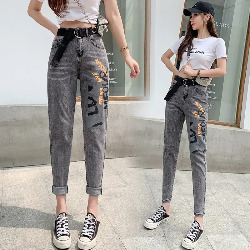 Free Belt Women Korean fashion  Letter Print Jeans Spring Autumn High Waist Slim Pencil Pants 2024 Woman Plus Size Grey Jeans