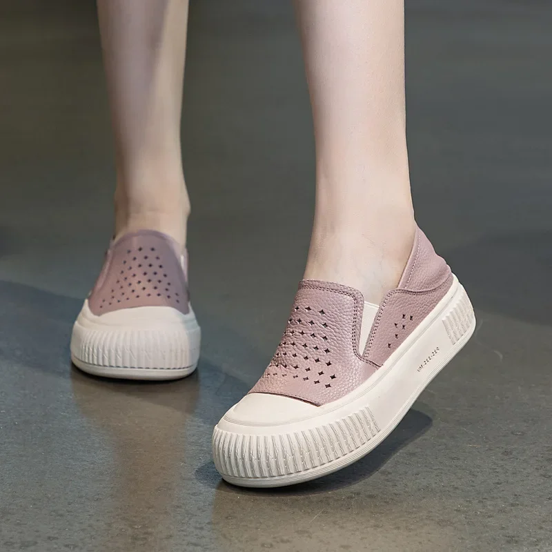 3.5cm Cow Genuine Leather Women Oxfords Breathable Shoes Flats Comfy Hollow Chunky Sneakers Spring Platform Wedge Loafer 5