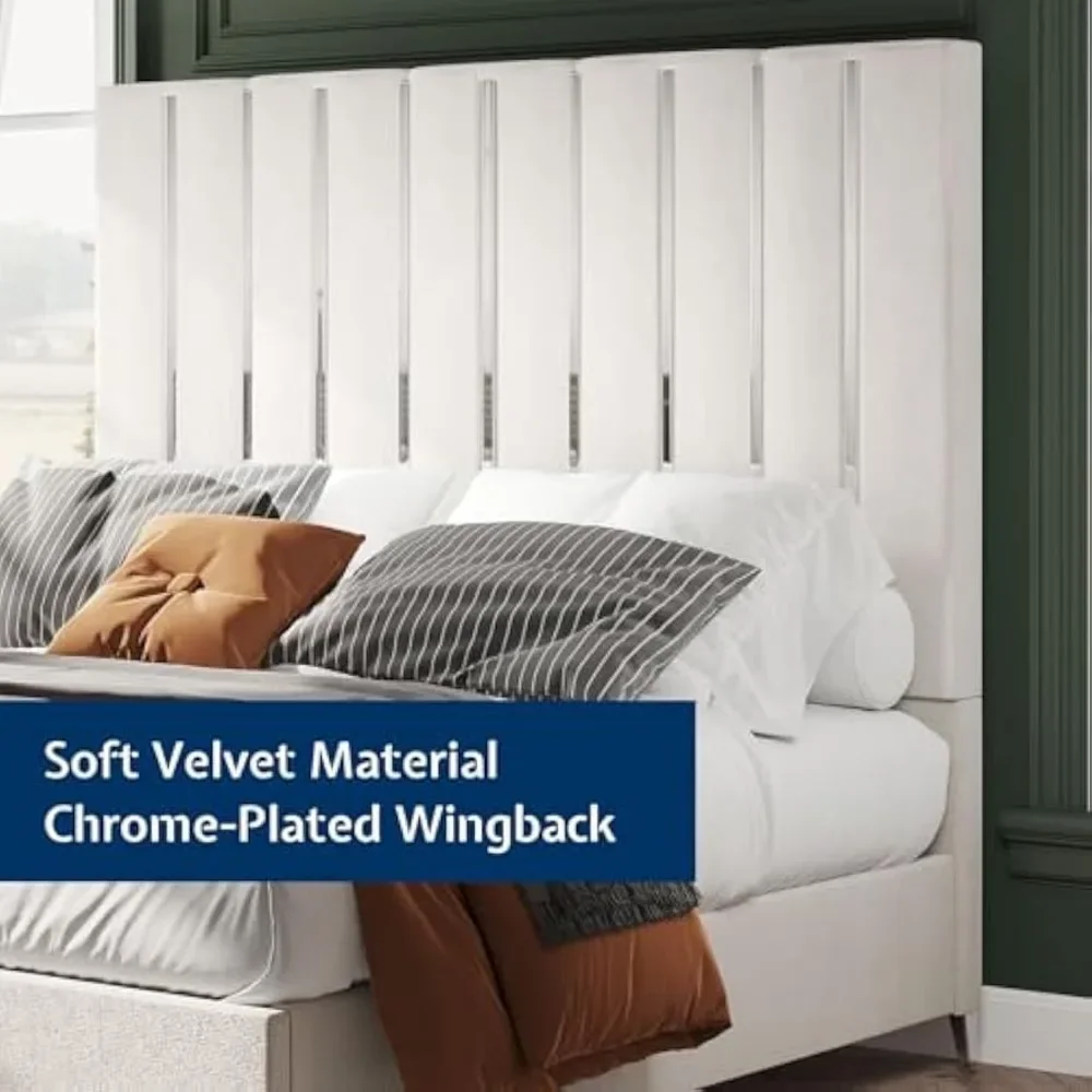 King Bed Frame with 58" Tall Headboard, Velvet Upholstered with Silver Plating Trim,  Sturdy, No Box Spring Needed, Bed Frame 4
