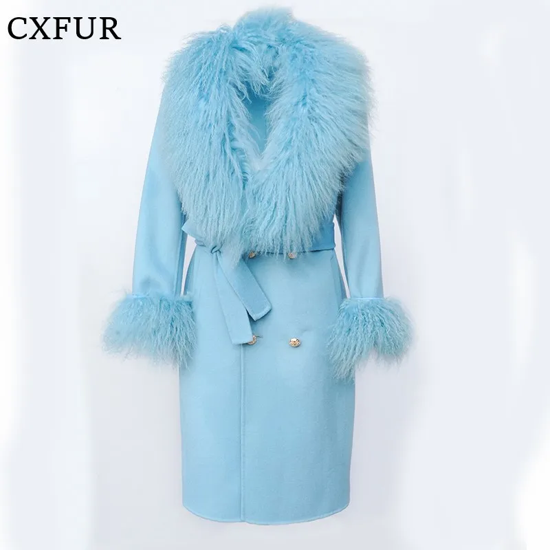 

Classic Design Winter Women Woolen Coat with Real Lamb Fur Collar Cuffs CX-G-T-47B