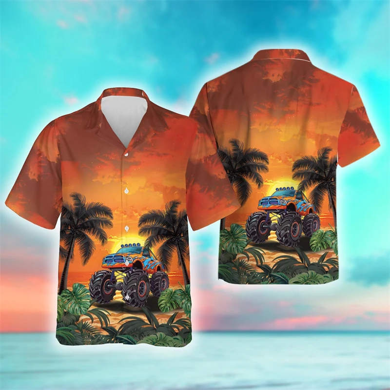 

Tropical Hawaiian Sunset Car 3D Printed Beach Shirts Casual Vacation Bus Short Sleeve Shirt For Men Clothes Caravan Lapel Blouse