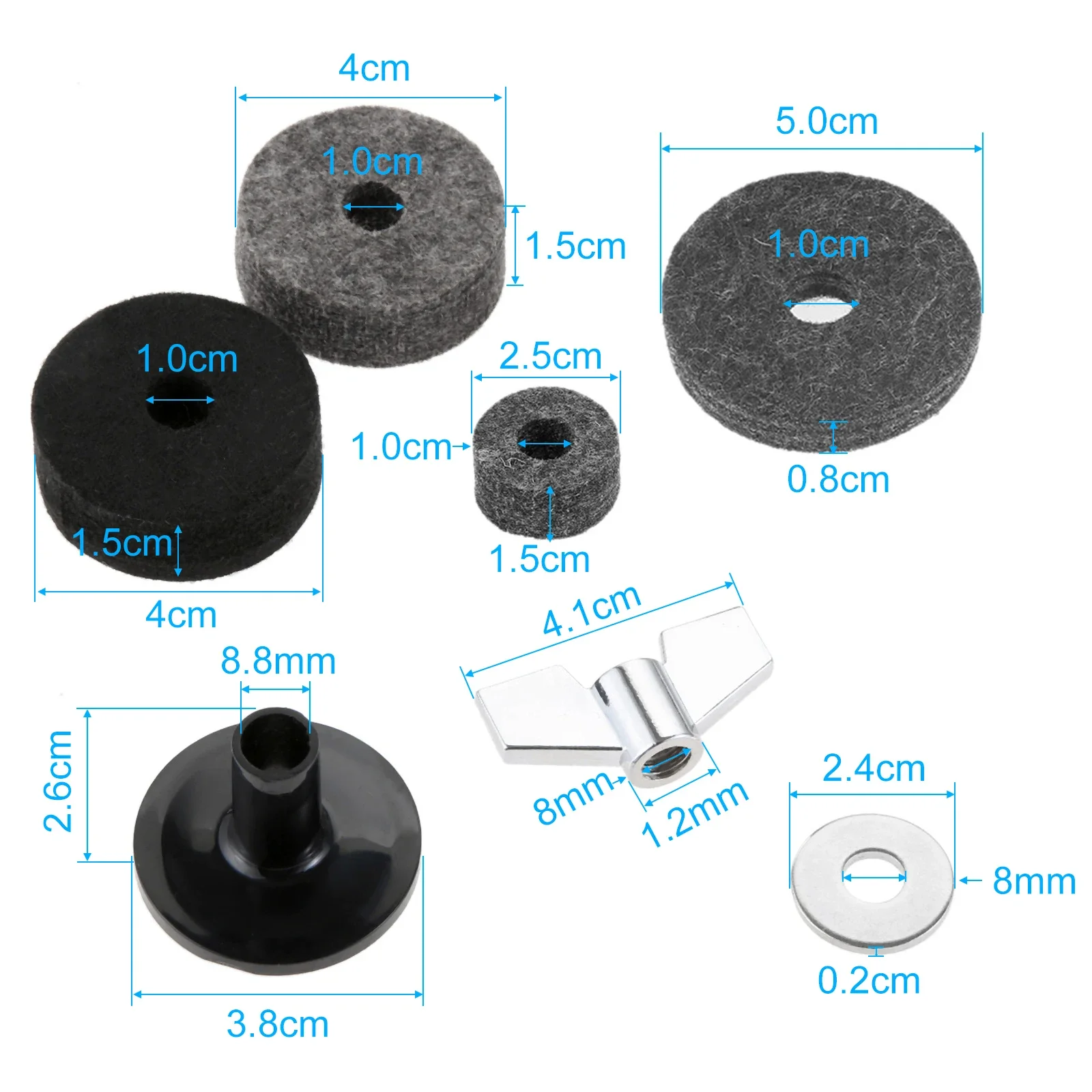 Cymbal Felts Hi-Hat Clutch Felt Hi Hat Cup Felt Cymbal Stand Sleeves with Base Wing Nuts and Washer for Drum 18 Pcs/set