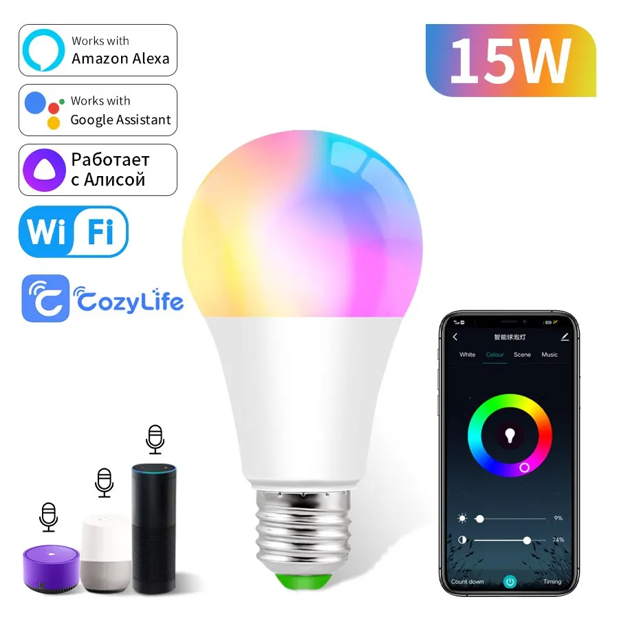 ตัวเลือกสินค้า สมาร์ทหลอดไฟ E27 RGB ควบคุมได้ทั้งแอปและเสียง