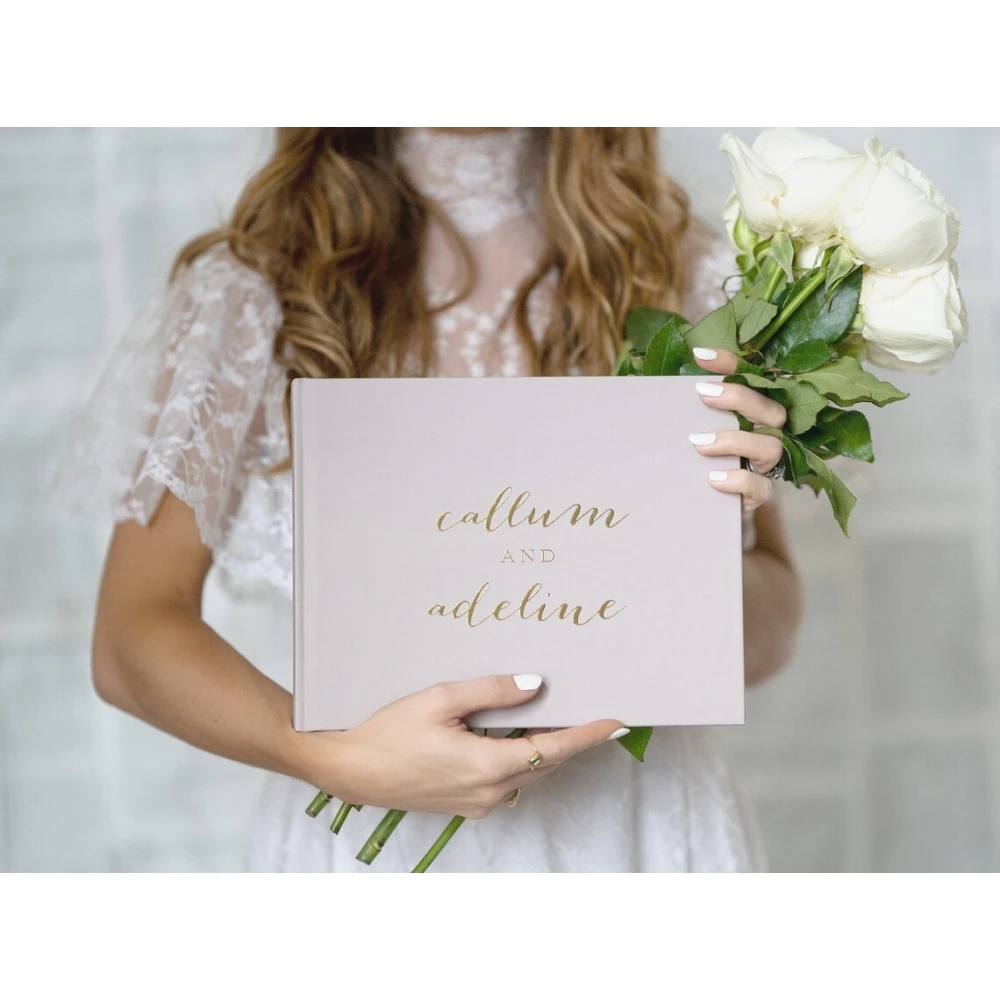 

Taupe Guestbook • Modern Wedding Guest Book • Rustic Photo Book • Gold Foil Hardcover Wedding Album • Horizontal Keepsake Book