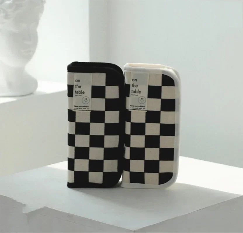 간단한 바둑판 격자 연필 가방 대용량 연필 케이스 문구, 학생 캔버스 Estuche 다기능 Lapices