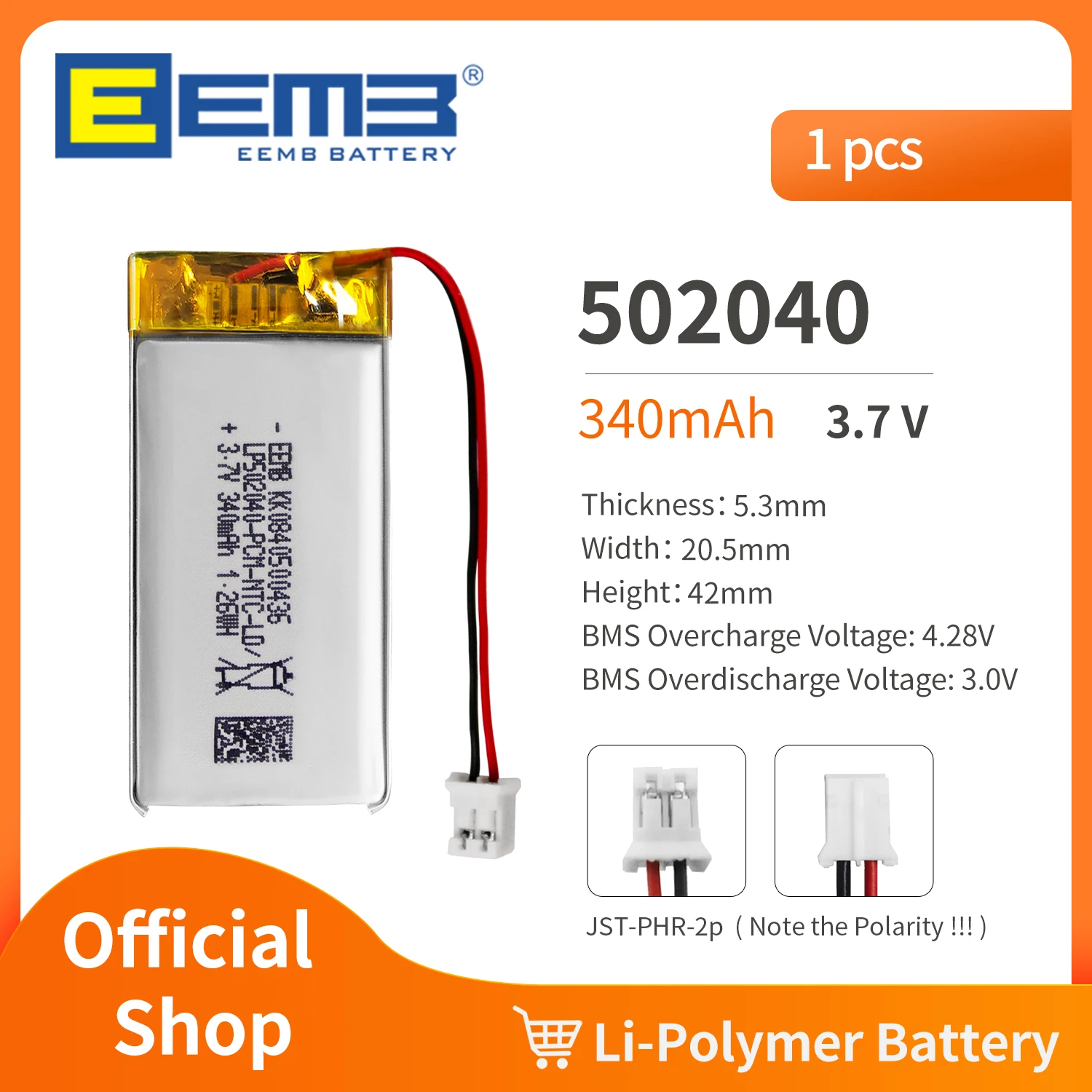 EEMB 502040 3.7V Battery 340mAh Rechargeable Lithium Polymer Battery Pack For Dashcam,Flashlight,Bluetooth Speaker, GPS,Camera