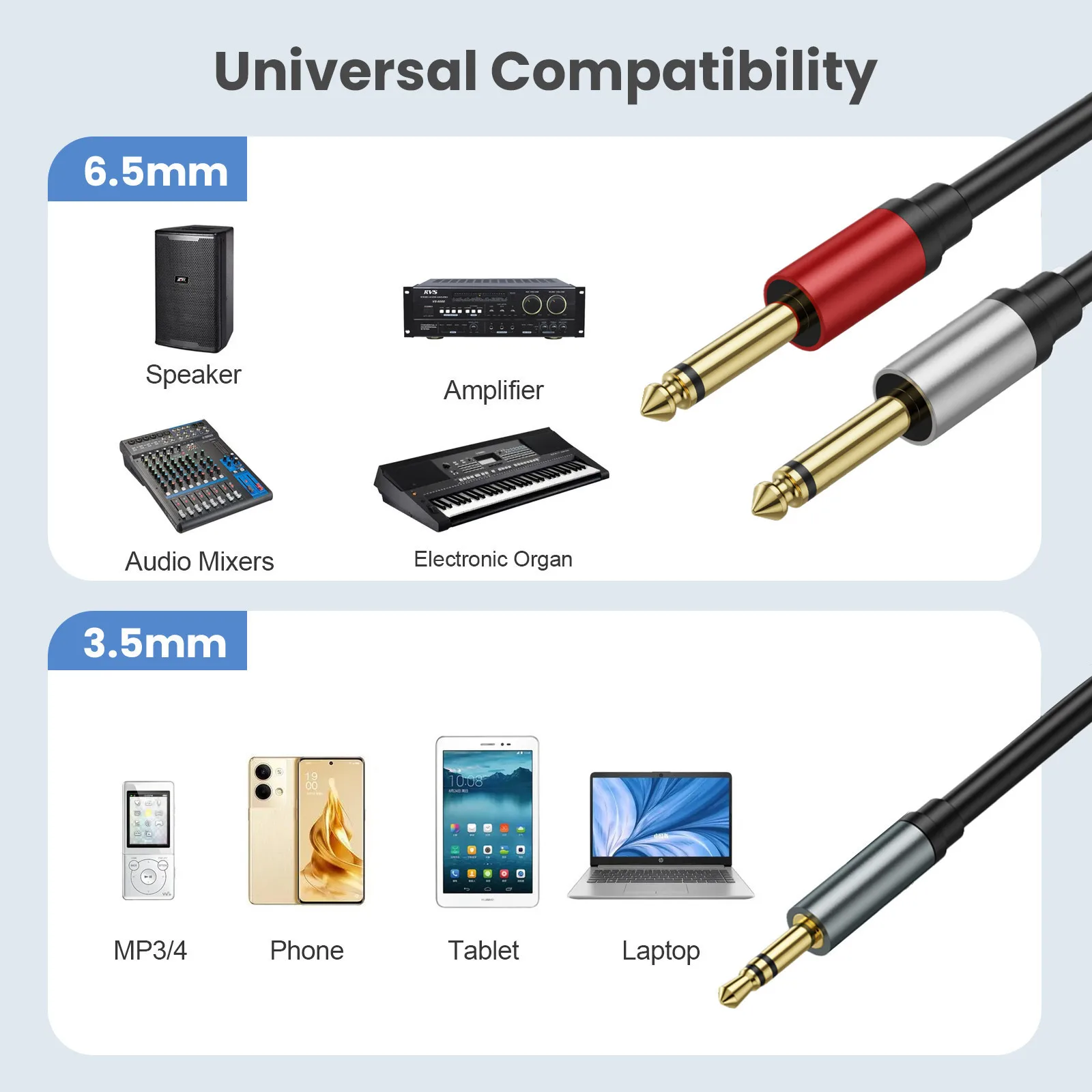 1/8인치에서 1/4인치 스테레오 케이블 3.5mm TRS - 듀얼 6.35mm 1/4 TS 모노 Y 스플리터 오디오 코드 어댑터 (홈 스테레오 시스템 호환)