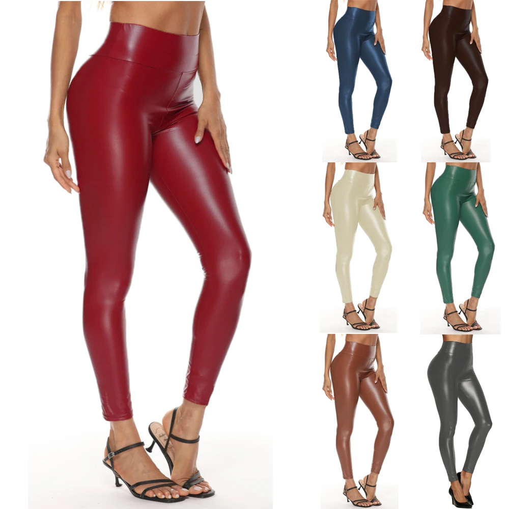 

Colorful Faux Leather Pants Leggings Women High Waist Skinny Hip Lifting Pencil Jeggings Stretchable Imitation Leather Trousers