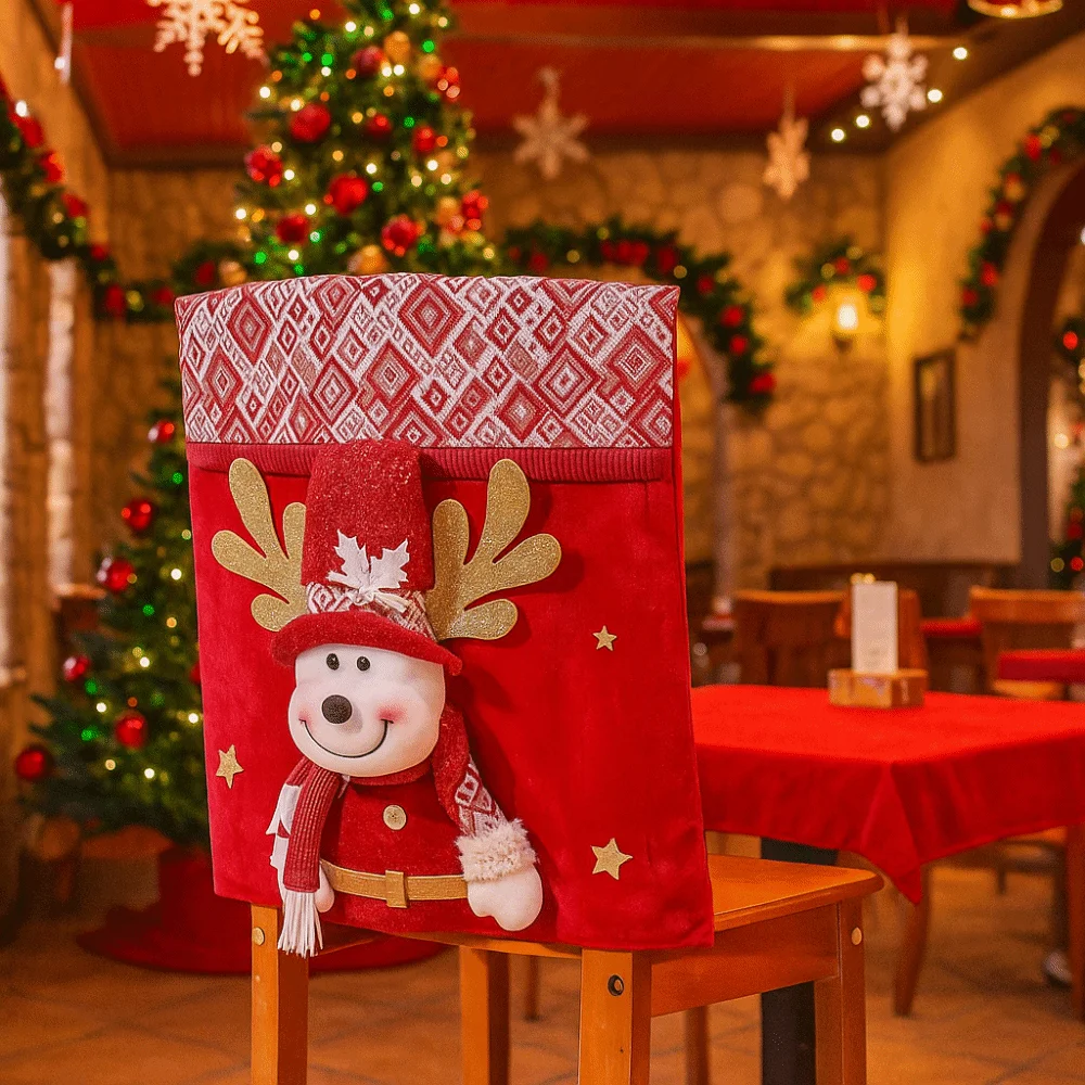 Holiday Decor Cartoon Christmas Chair Cover Snowman Removable Xmas Dinner Chair Seat Cover Soft Decorative Seat Protector Office