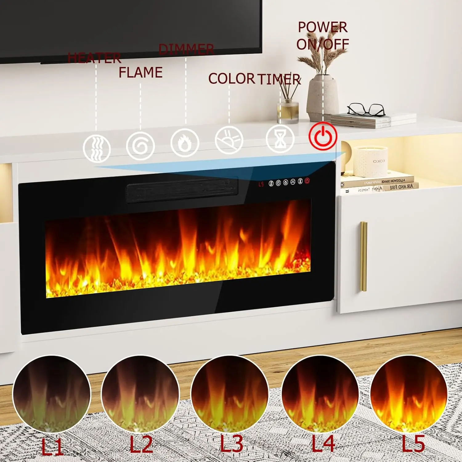 TV Stand Entertainment Center w/ 36" Fireplace,Media TV Console with High Gloss Storage Cabinet & 16 Colors LED Lights (White) 4