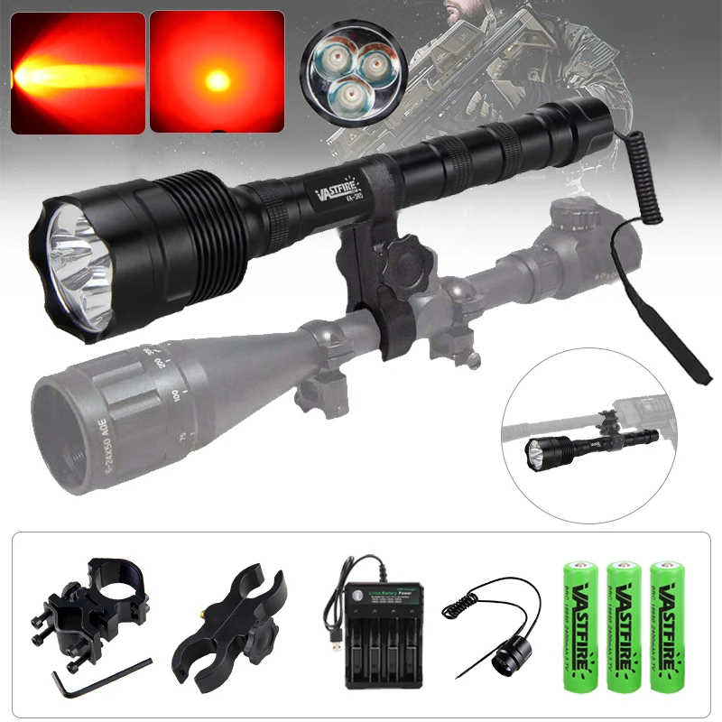 Lampe de poche tactique à faisceau rouge 3x R5, torche puissante à LED pour  la chasse de nuit avec portée de fusil, puissance de montage par 3 piles  18650 - AliExpress