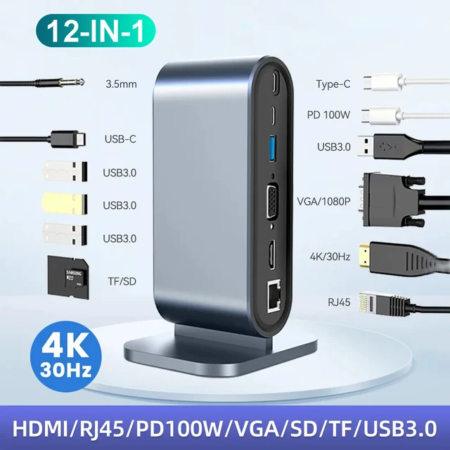 USB C Docking Station PD 100W USB C HUB Type C to HDMI-Compatible Adapter 4K 30Hz VGA RJ45 USB 3.0 HUB USB Splitter for MacBook 1