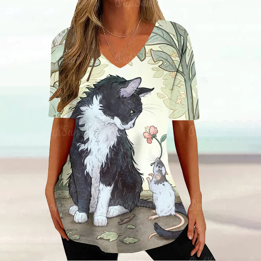 

2024 New Style T-Shirt For Women Cute Cat Print Blouse Summer Oversized T-Shirts Fashion Women's Clothing V-Neck Top Plus Size