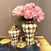 Gold Ringer Checkmate Can Ceramic Ginger Jar Storage Flower Vase Porcelain Artifact Floral Accessories Home Decoration 3