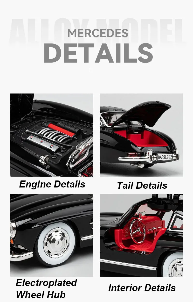 1:24 300SL W140 Legierungsmodell Spielzeug Druckgussauto mit Tonlicht Zurückziehen Türen geöffnet Miniaturmodelle Klassisches Spielzeug Geschenke für Jungen – Detail 11